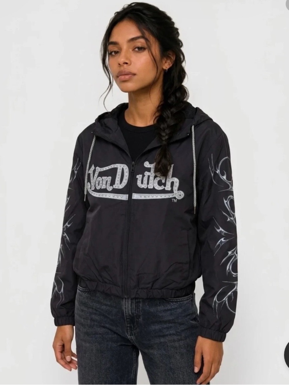 Von Dutch Black Hooded Logo Windbreaker with White Tribal Prints